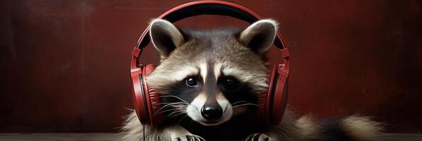 AI generated Raccoon dj in headphones with copy space on red background for music events and parties photo