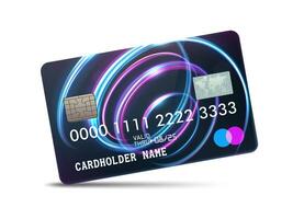 detallado lustroso platino crédito tarjeta con ondulado neón ligero decoración, aislado en blanco fondo, vector ilustración