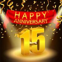 Happy 15th Anniversary Celebration with Golden Confetti and Spotlight, Vector Illustration