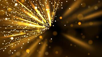 Defocused Gold Rays of Light with Flying Particles on Dark Background, Vector Illustration