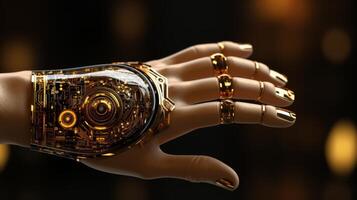 AI generated Close-up of cybernetic arm with embedded mechanisms on defocused background with text space photo