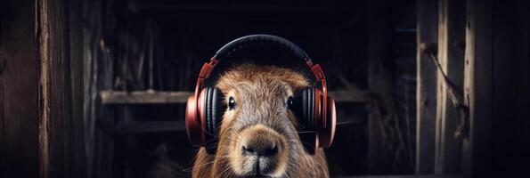 AI generated Capybara dj wearing headphones listens to music with copy space for text and design elements photo
