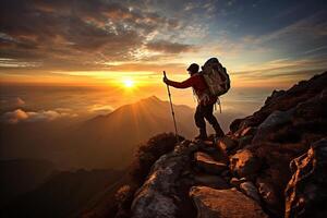 ai generado aventurero caminante triunfantemente conquista el asombroso cumbre de un majestuoso montaña foto