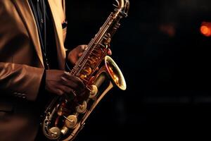 AI generated Close-up of saxophonist playing saxophone at world jazz festival, musician performing on stage photo