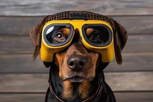 ai generado humorístico retrato de un elegante perro vistiendo amarillo anteojos, gracioso foto de un perro piloto