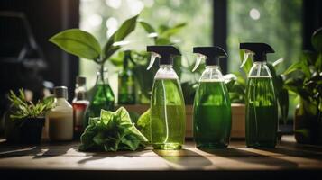 AI generated Spring cleaning concept with detergent bottles and brushes on green leaves background photo