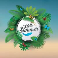 Hello Summer Sign with Tropical Leaves and Blue Background. Suitable For Summer Concept, Vacation, and Summer Holiday, Vector Illustration