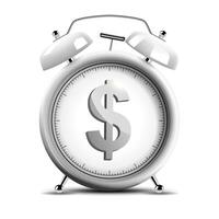 Realistic Shiny Silver Alarm Clock with Shiny Dollar Emblem, Time Is Money Concept, Vector Illustration