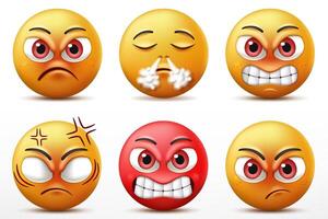 Smiling Faces Emoticon Character Set, Facial Expressions of Cute Yellow Faces in Angry and Furious. 3D Realistic, Vector Illustration