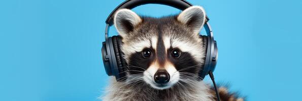 AI generated Raccoon dj in headphones with copy space on blue background for music events and parties photo