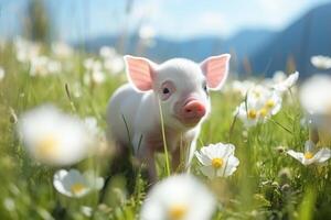 AI generated Playful piglet happily exploring and wandering through vibrant meadows amidst the natural splendor photo