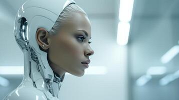 AI generated Futuristic woman with cybernetic ai limb gazing into the distance on blurred background photo