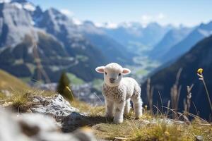 AI generated Tranquil alpine beauty. charming image of petit sheep strolling amidst lush meadows photo