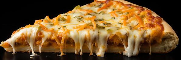 ai generado delicioso caliente queso Pizza rebanada con Fresco salsa y derretido queso Mozzarella queso. bandera foto