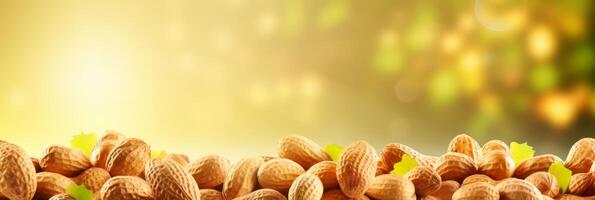 AI generated Heap of organic peanuts on blurred background with copy space for text, food banner photo