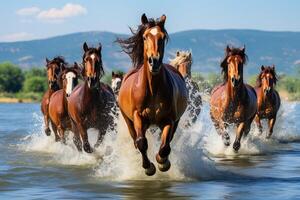 ai generado hermosa manada de caballos corriendo a través de el río con amplio espacio para texto y subtítulos foto