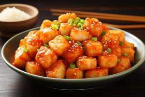 AI generated Delicious and appetizing south korean tteokbokki spicy rice cake authentic asian cuisine dish photo