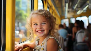 ai generado sonriente colegio niña embarque amarillo colegio autobús, espalda a colegio concepto y estudiante transporte foto
