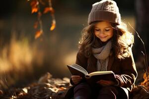 ai generado encantador momento. joven niña sumergirse en un cautivador libro en un feliz soleado tarde foto