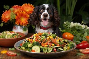 AI generated Adorable dog standing next to a colorful bowl filled with a variety of delicious food photo