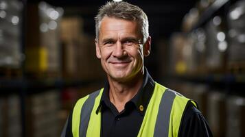 AI generated Cheerful male worker standing in warehouse, smiling at camera with confidence during work day photo