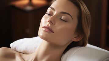 AI generated Soothing facial treatment at peaceful day spa with ample space for adding your own text or branding photo