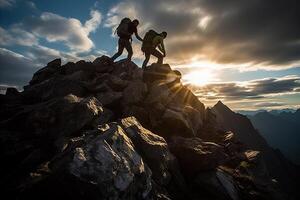 ai generado caminante extensión un Ayudar mano a guía amigo hacia el majestuoso cumbre de el montaña pico foto