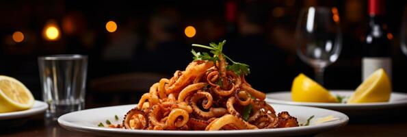AI generated Crispy calamari and lemon banner with text space, ideal for seafood restaurant promotion photo