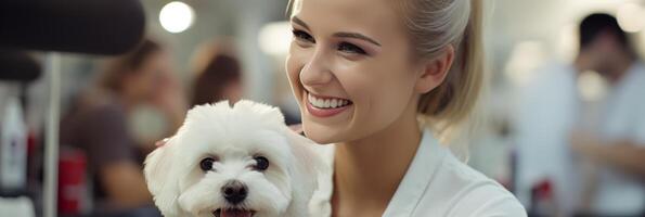 ai generado profesional peluquero guarnición perro con tijeras y tijeras - Copiar espacio para mascota aseo servicios foto