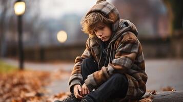 AI generated Sad crestfallen child boy crying at the schoolyard with blurred background and copy space photo