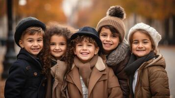 AI generated Diverse children hugging in park, wide shot with blurred background and copy space photo