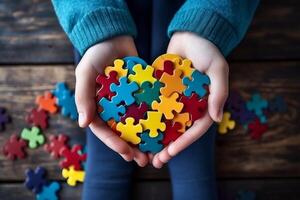 ai generado autismo conciencia día concepto. niños manos participación rompecabezas corazón, apoyo para autismo espectro foto