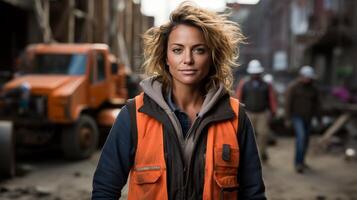 AI generated Female construction worker wearing work vest, smirking on blurred white background photo