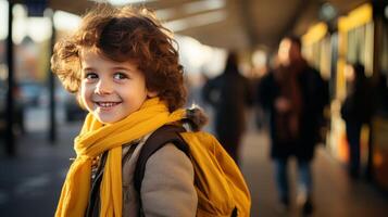AI generated Smiling school kid boarding bus, back to school concept, childhood education theme photo