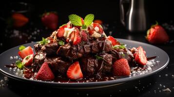 AI generated Tasty grilled beef steak and ripe fresh strawberries served with herbs and seasoning photo