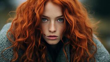 ai generado retrato de un hermosa mujer con vibrante rojo pelo sonriente felizmente en estudio Sesión de fotos