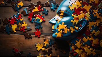 AI generated Cognitive psychology. Human head with jigsaw puzzle pieces for mental health and therapy concept photo