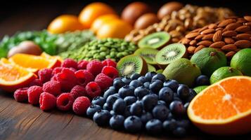 AI generated Fresh berries, fruits, and nuts background - vibrant and healthy snack and ingredients photo