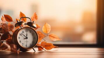 AI generated Daylight saving time. Alarm clock and autumn leaves on wooden table. Fall season change concept photo