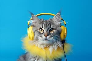 AI generated Stylish dj cat in headphones on blue background, perfect for music lovers and parties photo