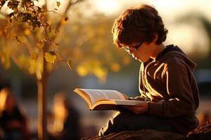 ai generado cautivador foto. joven chico profundamente absorto en un cautivador libro en un hermosa soleado tarde foto