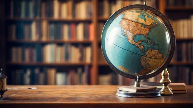 AI generated Global education. Earth globe with country names and books in different languages with copy space photo