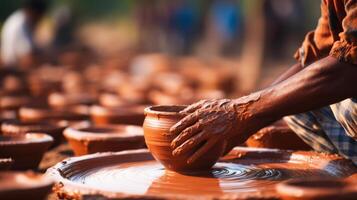 AI generated Craftsman hands molding clay pots on background with copy space, pottery making concept photo