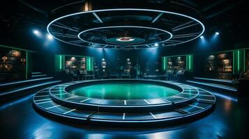 AI generated Modern dance stage lighting performance show cool blue green color entertaiment spotlight illuminate photo