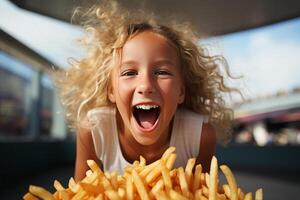 AI generated Smiling preteen girl enjoying a delicious serving of french fries with excitement and happiness photo