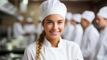 AI generated Portrait of happy female pastry chef smiling at camera with copy space for text overlay photo