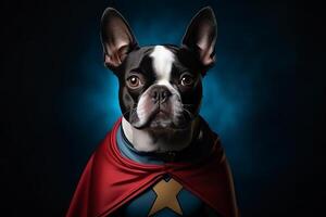 AI generated French bulldog dressed as superman posing as a leader with copy space photo