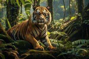 AI generated Majestic tiger roaming in the exotic wilderness of safari jungle. Captivating wildlife encounter photo