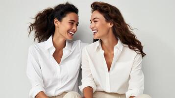 AI generated Happy smiling affectionate lesbian couple embracing, lgbt pride and love, copy space available photo