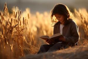 ai generado cautivado joven niña perdido en el paginas de un fascinante libro en un feliz soleado tarde foto